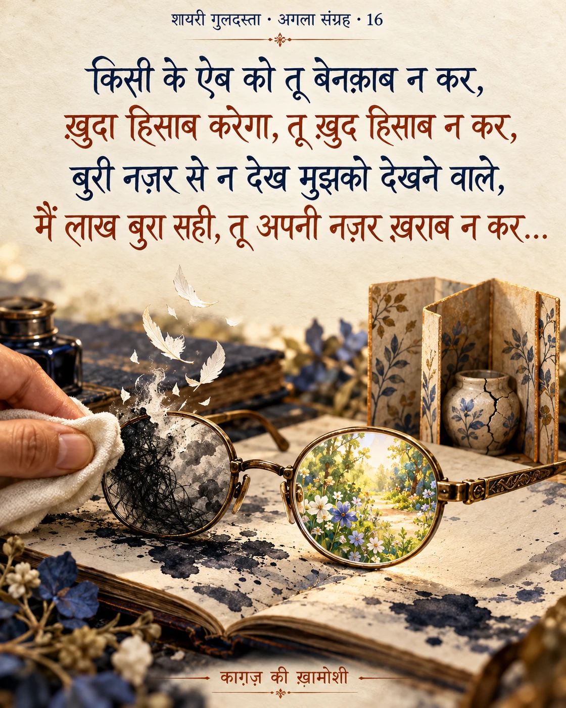 किसी के ऐब को तू बेनक़ाब न कर, — किसी के ऐब को तू बेनक़ाब न कर, ख़ुदा हिसाब करेगा, तू ख़ुद हिसाब न कर, बुरी नज़र 