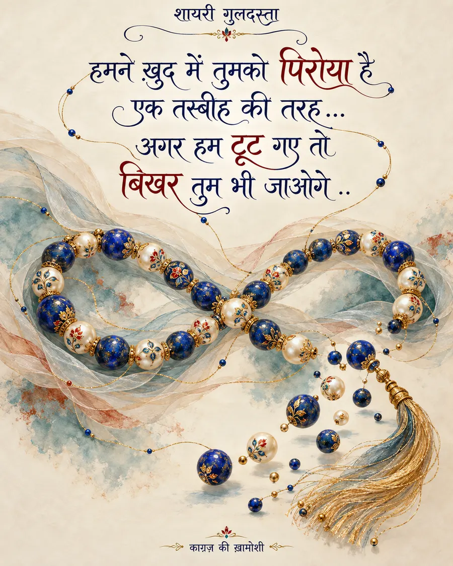 हमने ख़ुद में तुमको पिरोया है — हमने ख़ुद में तुमको पिरोया है एक तस्बीह की तरह… अगर हम टूट गए तो बिखर तुम भी जाओ