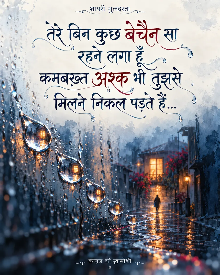 तेरे बिन कुछ बेचैन सा — तेरे बिन कुछ बेचैन सा रहने लगा हूँ कमबख़्त अश्क भी तुझसे मिलने निकल पड़ते हैं…