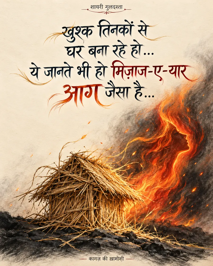 ख़ुश्क तिनकों से — ख़ुश्क तिनकों से घर बना रहे हो… ये जानते भी हो मिज़ाज-ए-यार आग जैसा है…