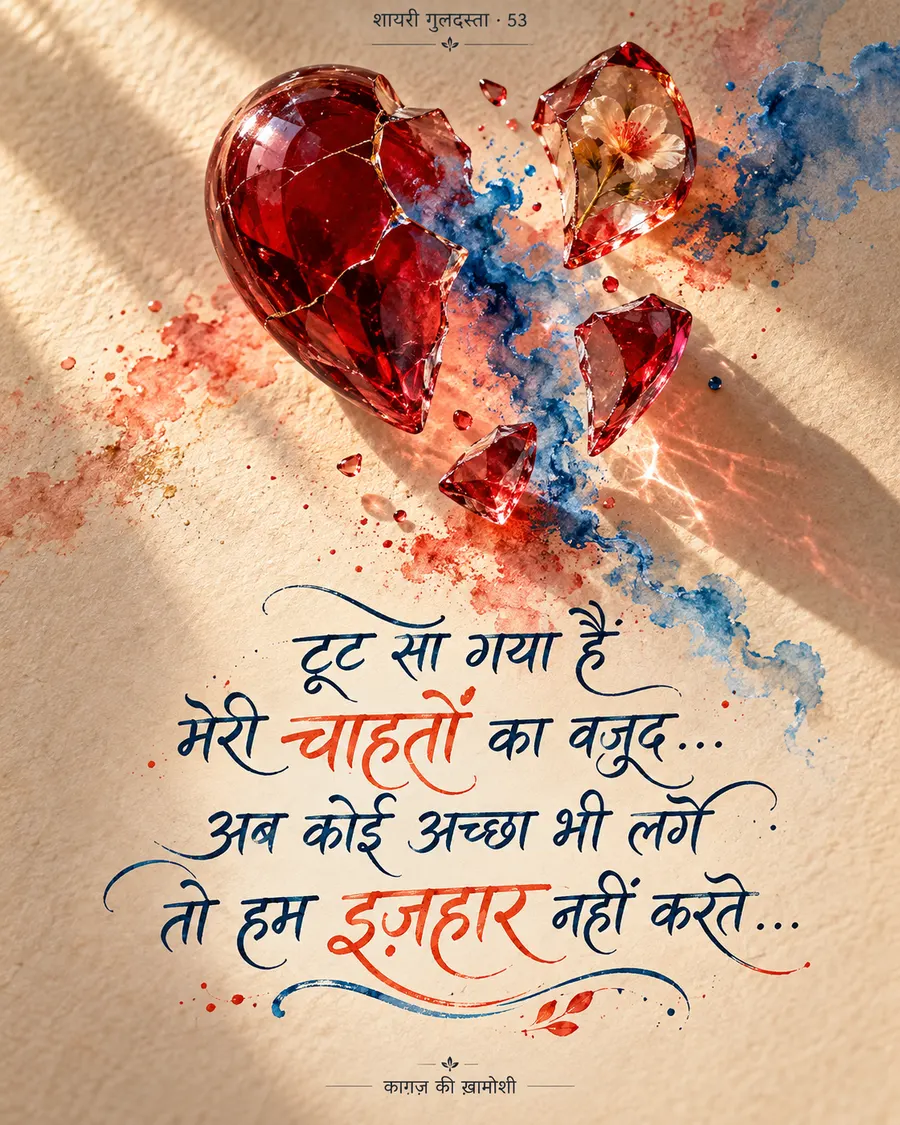 टूट सा गया है — टूट सा गया है मेरी चाहतों का वजूद… अब कोई अच्छा भी लगे तो हम इज़हार नहीं करते…