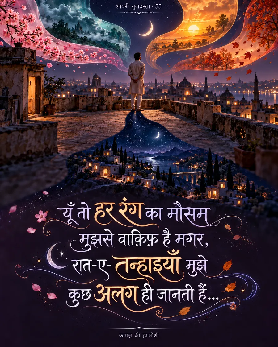 यूँ तो हर रंग का मौसम — यूँ तो हर रंग का मौसम मुझसे वाक़िफ़ है मगर, रात-ए-तन्हाइयाँ मुझे कुछ अलग ही जानत