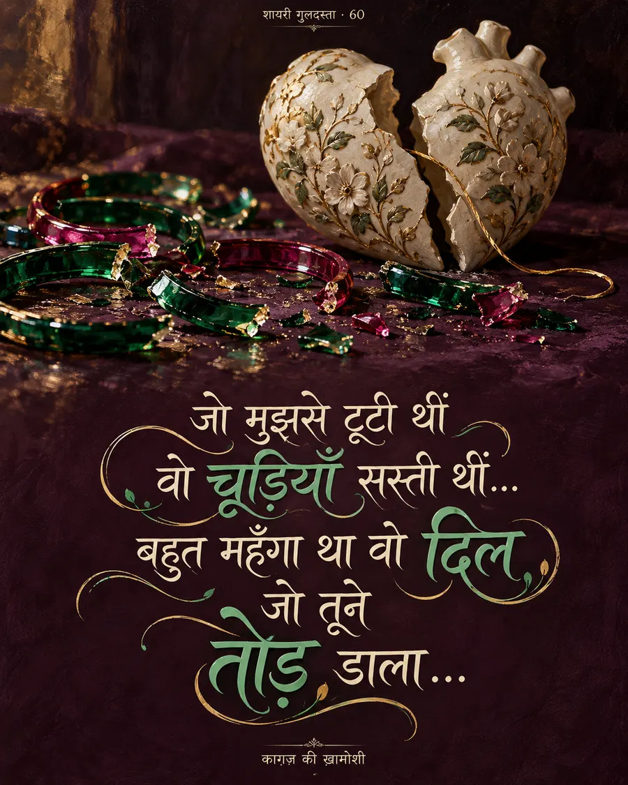 जो मुझसे टूटी थीं — जो मुझसे टूटी थीं वो चूड़ियाँ सस्ती थीं… बहुत महँगा था वो दिल जो तूने तोड़ डाला…