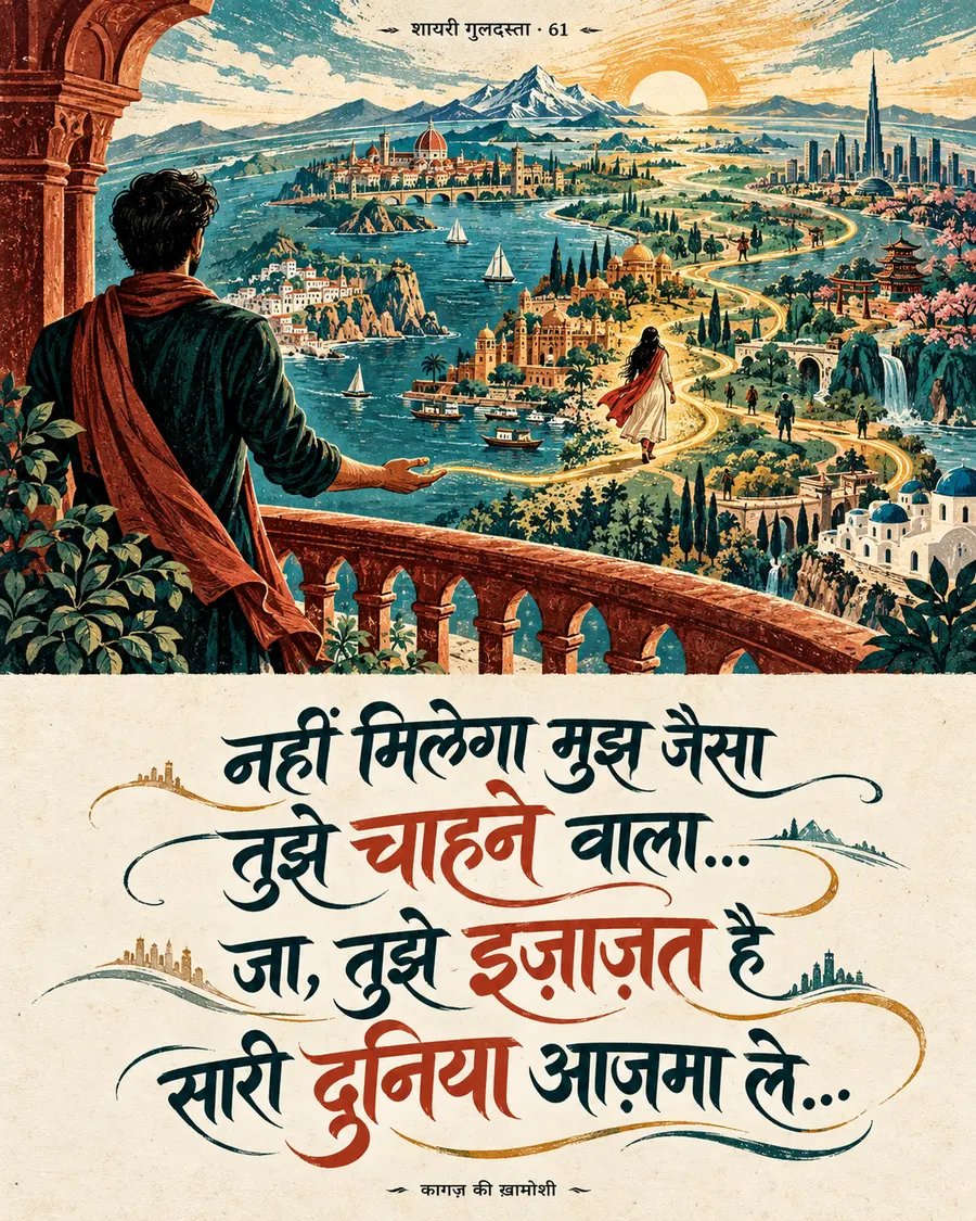 नहीं मिलेगा मुझ जैसा — नहीं मिलेगा मुझ जैसा तुझे चाहने वाला… जा, तुझे इजाज़त है सारी दुनिया आज़मा ले…