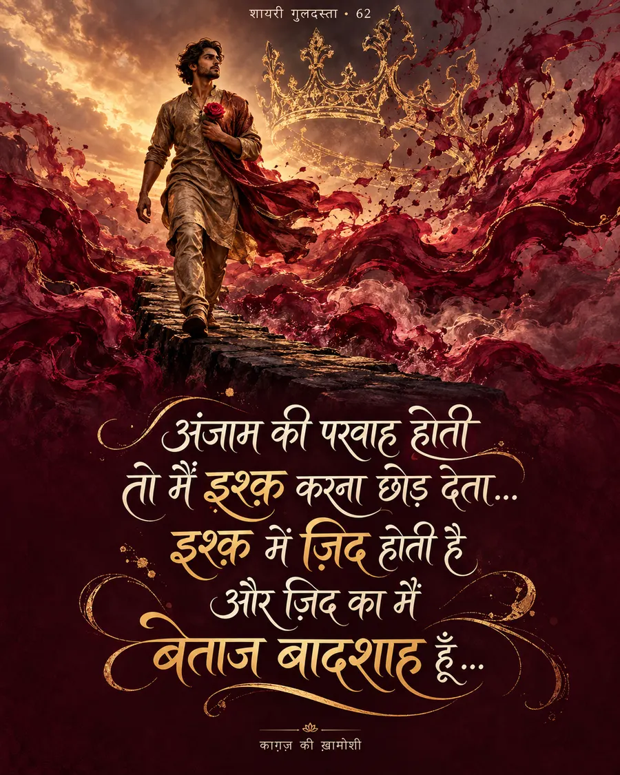अंजाम की परवाह होती — अंजाम की परवाह होती तो मैं इश्क़ करना छोड़ देता… इश्क़ में ज़िद होती है और ज़िद 