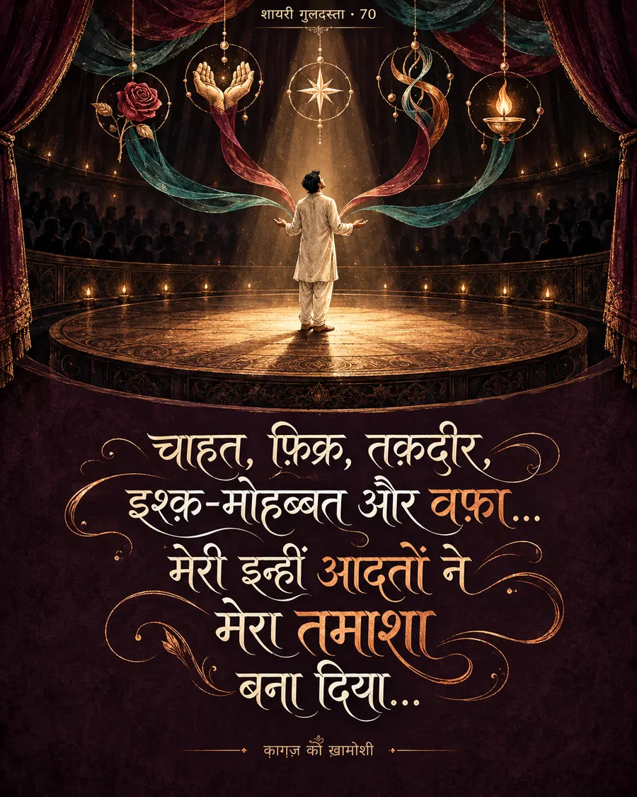 चाहत, फ़िक्र, तक़दीर, — चाहत, फ़िक्र, तक़दीर, इश्क़-मोहब्बत और वफ़ा… मेरी इन्हीं आदतों ने मेरा तमाशा बना