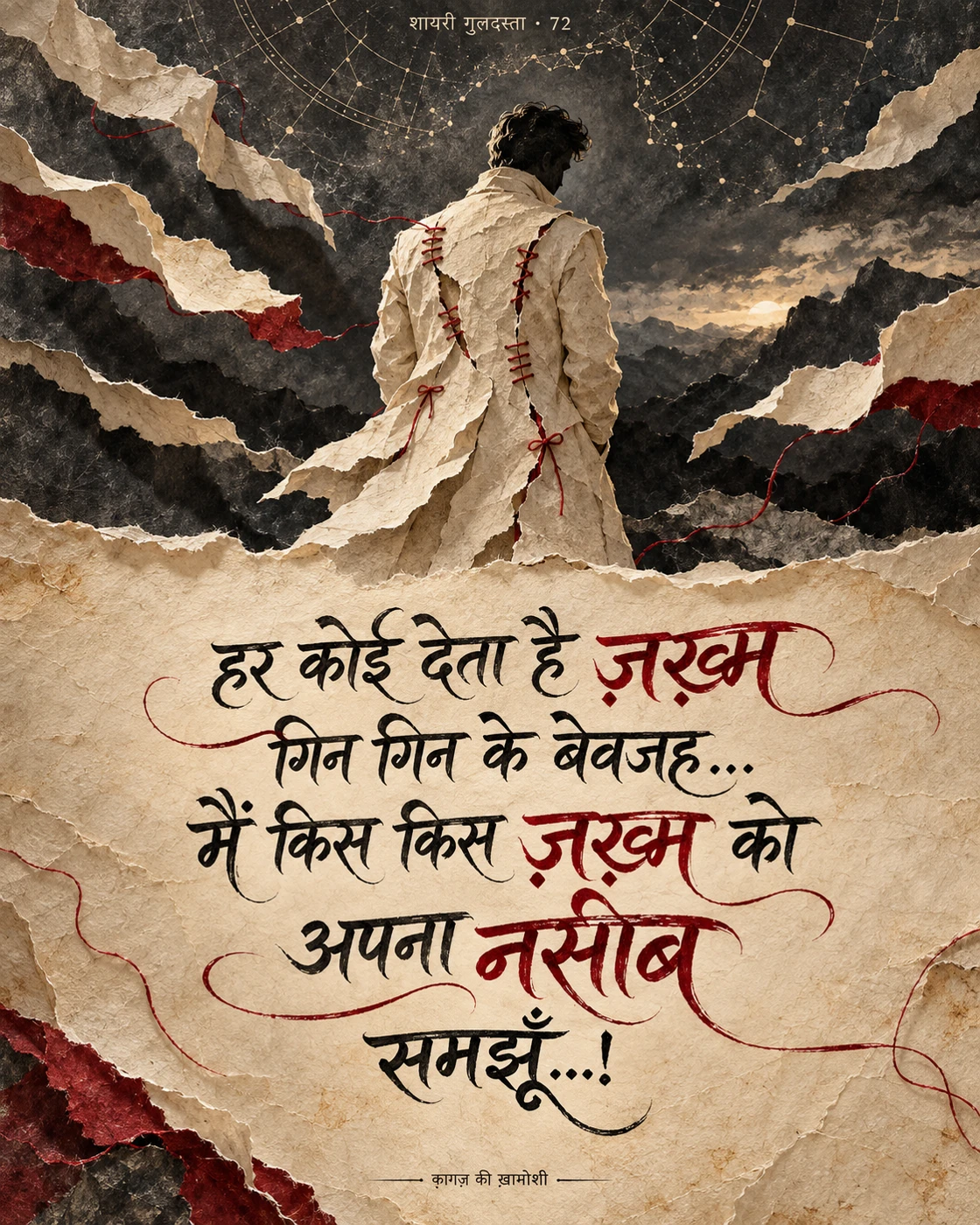 हर कोई देता है ज़ख़्म गिन-गिन के बेवजह… — हर कोई देता है ज़ख़्म गिन-गिन के बेवजह… मैं किस-किस ज़ख़्म को अपना नसीब समझूँ…