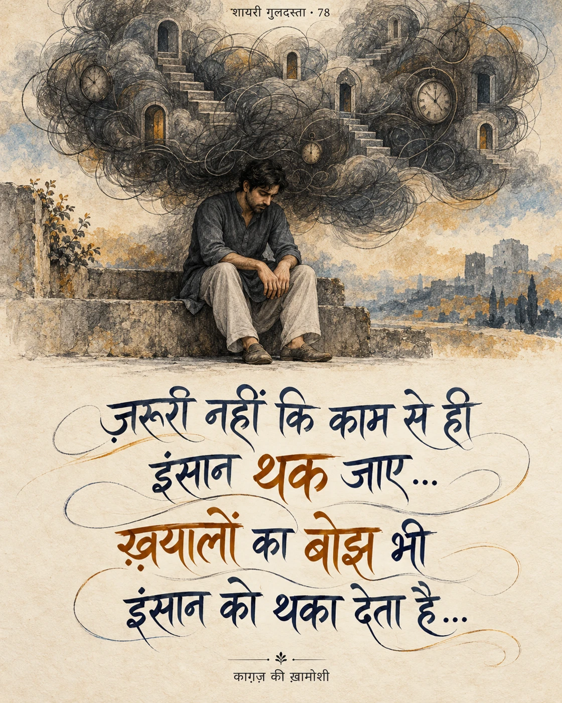 ज़रूरी नहीं कि काम से ही इंसान थक जाए… — ज़रूरी नहीं कि काम से ही इंसान थक जाए… ख़यालों का बोझ भी इंसान को थका देता है…