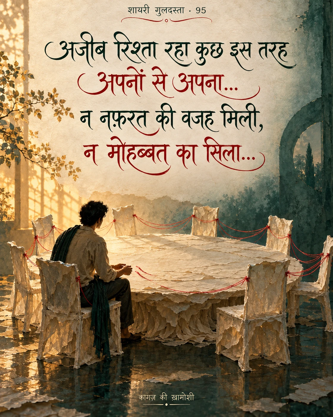 अजीब रिश्ता रहा कुछ इस तरह — अजीब रिश्ता रहा कुछ इस तरह अपनों से अपना… न नफ़रत की वजह मिली, न मोहब्बत का सिला